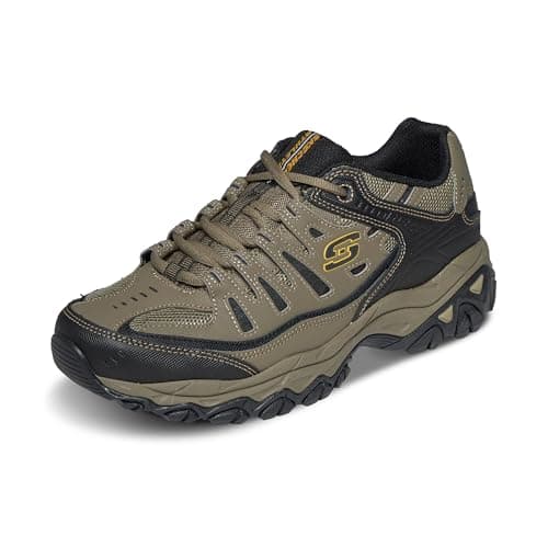 Skechers Men's Afterburn M. Fit Fashion Sneakers – Leather Upper, Memory Foam Insole, Rubber Outsole, Pebble/Black, 13 X-Wide