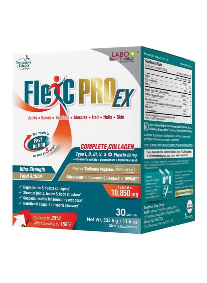 FlexC PRO EX, Full Spectrum Collagen, Type I, II, III, V & X, Peptan Collagen, Eggshell Membrane, Water Soluble Silica & Curcumin C3 Reduct, For Hair, Skin, Nails, Joint, Bones, Muscles