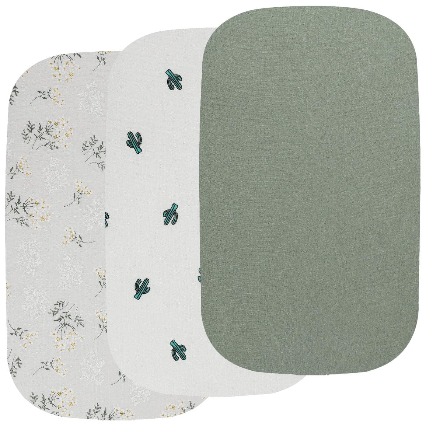 Onacosht Muslin Bassinet Sheets 3 Pack 100 Cotton Baby Sheet 35 X 20 Compatiable with AMKE 3 in 1 Bassinets MiClassic Uiuwoo Foalom YADAQE Milliard and TCBunny Bassinet Green Floral Cactus
