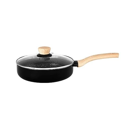Bergner Bellini Plus Aura 5-Layer Non-Stick 20 cm Deep Frypan with Glass Lid, 1.8 Litres Frying Pan with Soft Touch Wooden Finish Handle, Induction Bottom and Gas Stove Ready, Black
