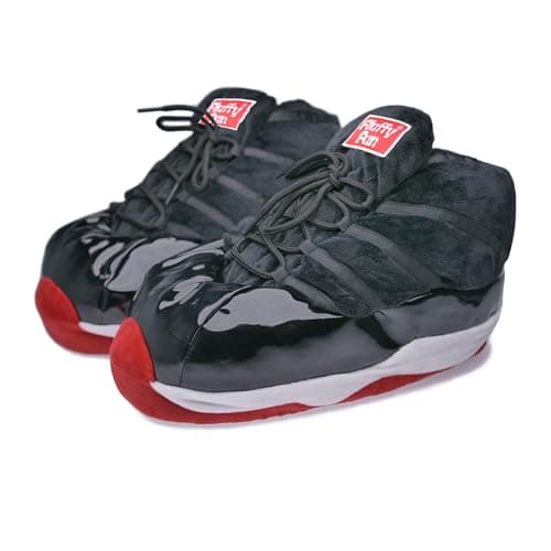 FLUFFYFUN Plush Sneaker Slippers for Men, Women & Teens L 8.5-10.5 (Black Faux Leather)