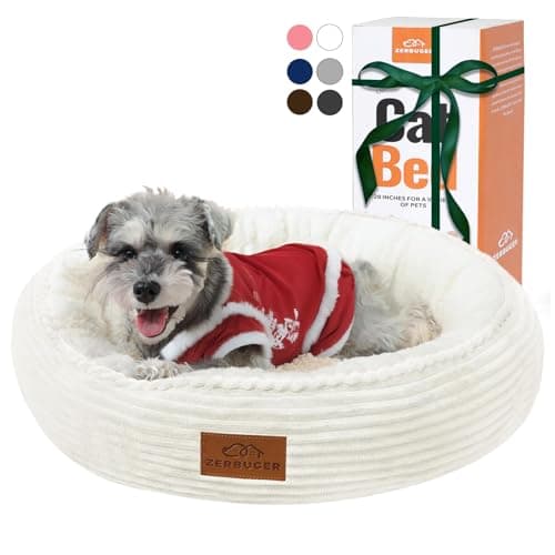 Zerbuger 23in Cream Round Cat Dog Bed Gift for Large Medium Small Dogs Cats, Machine Washable Sleeping Sofa, Non-Slip Bottom Breathable Soft Calming Pet Cuddler for Indoor/Outdoor/Car/Cage