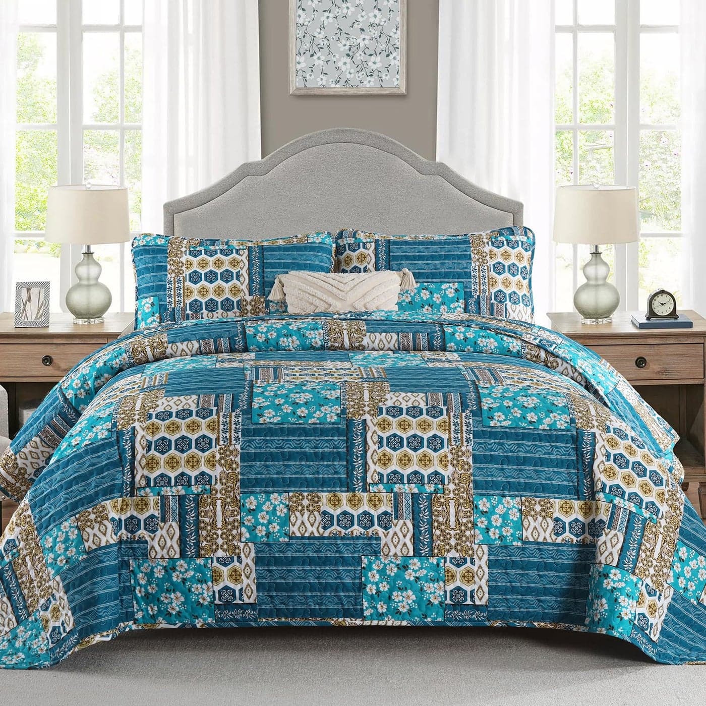 Mybedsoul Dusty Blue Quilt Set King Size 3 Pieces Plaid Floral Bedspread Set Patchwork Reversible Bedding Set Microfiber Lightweight Bedspread Coverlet Set for All Season 110x90