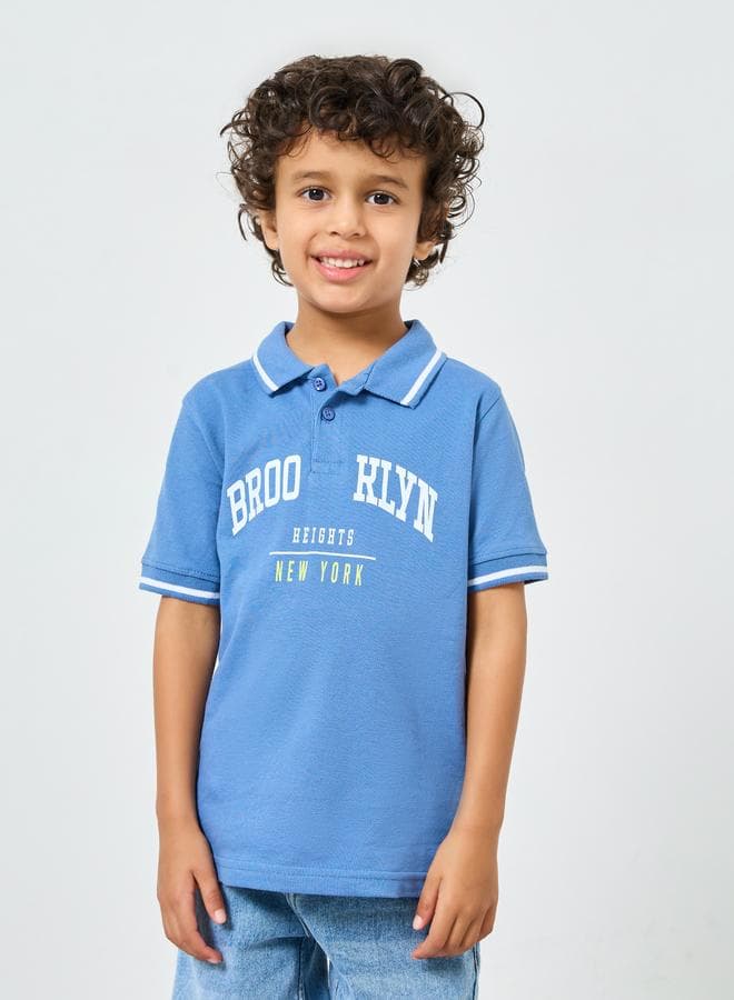 Boys Blue Brooklyn Print Polo T-Shirt — 5-6 YRS