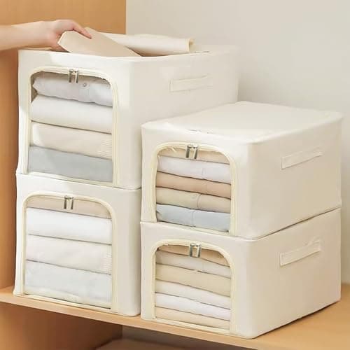 Yellow Weaves Oxford Fabric 2 Pcs Clothes Organizer for Wardrobe,Foldable,Stackable,Space Saver Closet Basket,Cupboard Almirah Organizer,Storage Box for Clothes(Ivory,Large),47x35x30 Centimeters