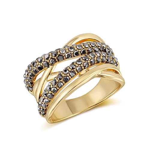 Mytys Statement Ring Art Deco Vintage Black Crystal Rhinestone Ring, Gothic Chunky Wide Band Cocktail Ring Silver Plated Women Fashion Jewelry (Gold & Black, 8)