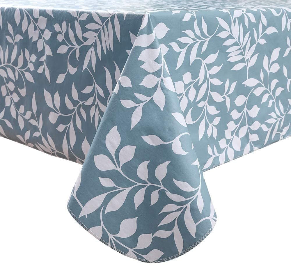 Vinyl Tablecloth with Flannel Backed Waterproof OilProof PVC Table Cloth Wipeable SpillProof Plastic Table Cover for Indoor and OutdoorBlue Leaves 60 x 102 Inch Rectangle