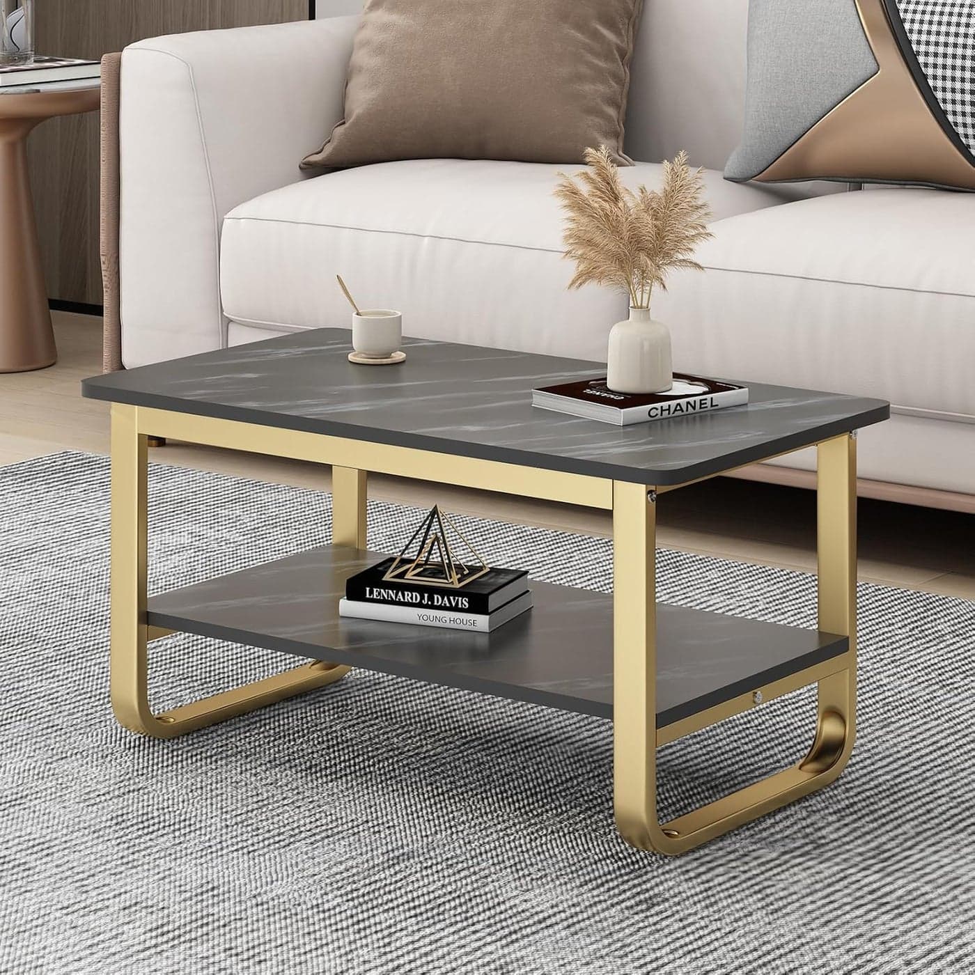 HOME ELEMENTS Rectangular Coffee Table for Living Room Center Table with Open Minimalist Space Design Metal Frame Engineered Wood Marble Texture Look Top Easy Assembly DIY - 80x45x40cm (Black)