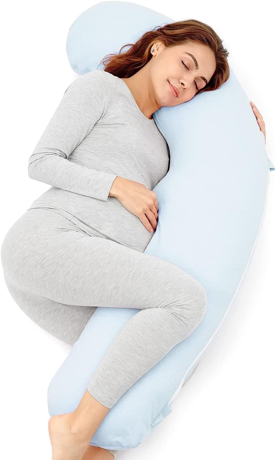 COOZLY J Shaped Pregnancy Pillow Maternity Pillow with 100 Cotton Removable Covers Light Blue