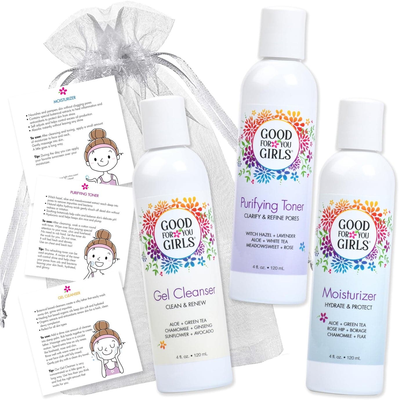 Good For You Girls ThreeStep Skincare Gift Set Cleanser Toner Moisturizer for Girls to Teens Safe Natural PlantBased ingredients Vegan GlutenFree 3 Piece 4 oz ea