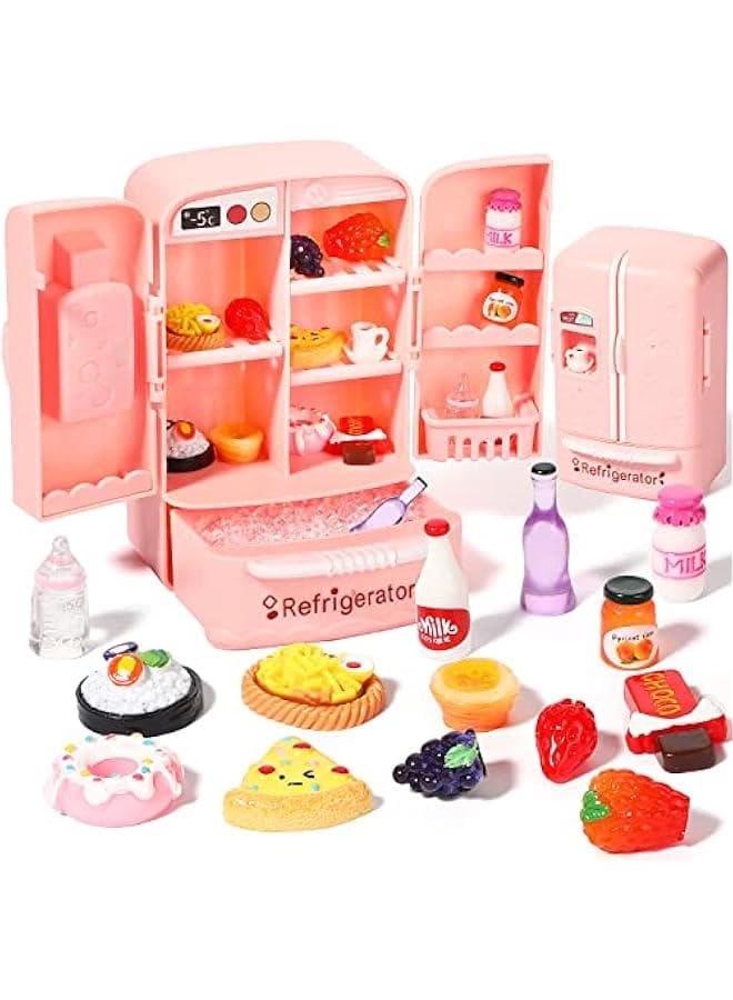 17 Pieces Dollhouse Refrigerator Mini Fridge Toy with Mini Food Set Dollhouse Kitchen Furniture Food Toys Miniatures Kitchen Decorations Bottles Fruit Dessert for Children Kids Girls (Lovely Style)