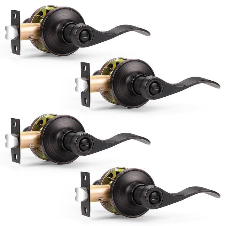 Probrico Oil Rubbed Bronze Door Handle, Privacy Interior Door Handles Lever, Wave Style Keyless Door Lever for Bedroom Bathroom, 4 Pack