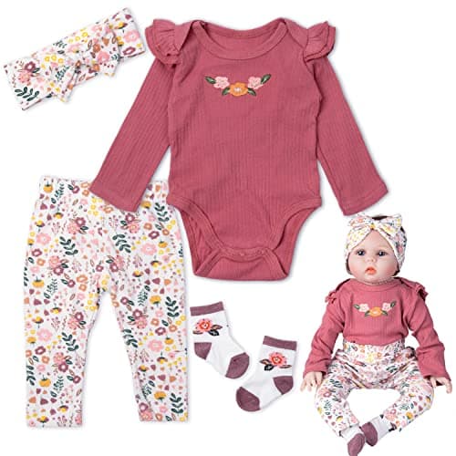 Reborn Baby Dolls Clothes 22 inch Outfit Accessories Flower 4pcs Set for 1722 Inch Reborn Doll Newborn Girl