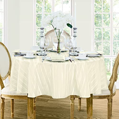 Newbridge 70 Inch Round, Ivory Fabric Tablecloth, Denley Satin Stripe, 100% Polyester, No Iron Soil Resistant Dining Room, Heavy Weight Party Table Cover