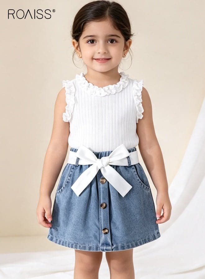 Toddler Girls Camisole and Skirt Set with a Belt, Stylish Summer Outfit with Sleeveless Top and Denim Skirt, 2 Piece Comortable Clothing Set for Little Girls