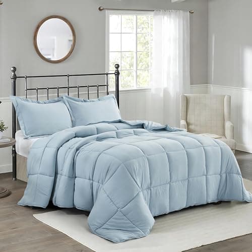 HIG Pre Washed Down Alternative Comforter Set King Reversible Chic Quilt Design Box Stitched with 4 Corner Tabs Lightweight for All Season Blue Duvet Comforter with 2 Pillow Shams