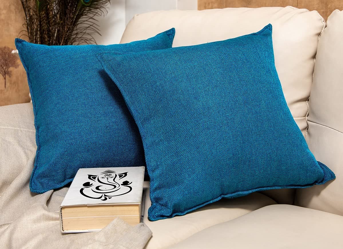 Khooti Decorative Jute Square Cushion Cover Throw pillow cover for Living Room Couch Diwan single seater Sofa , Colourful Modern Small 22 x 22 Inches / 55 x 55 cm (Colour - Bondi Blue)(Set of 3 pieces) C2