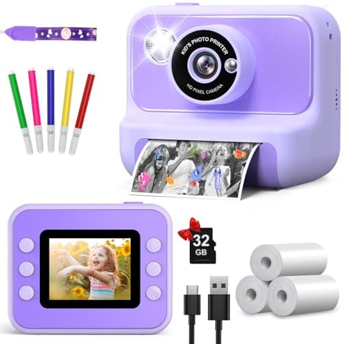 Kids Camera Instant Print, Christmas Birthday Gifts for Girls and Boys, 1080P HD Video Digital Kids Camera with 32G Card, Toddler Camera for 3-12 Years Old, Purple
