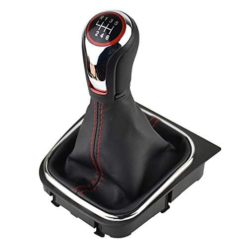 Malcayang Black Leather with Red Stitching Gear Shifter Knob Boot Cover with 6 Speed Manual Shift Knob and Bracket Base Assembly for Volkswagen Jetta for Golf MK5 MK6 MK7 Scirroco Eos