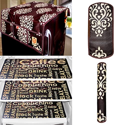 KANUSHI Industries® 1Pc Fridge Cover for Top with 6 Utility Pockets + 2 Handles Covers + 3 Fridge Mats (FRI-Brown-Floral+2-Handle+M-26)