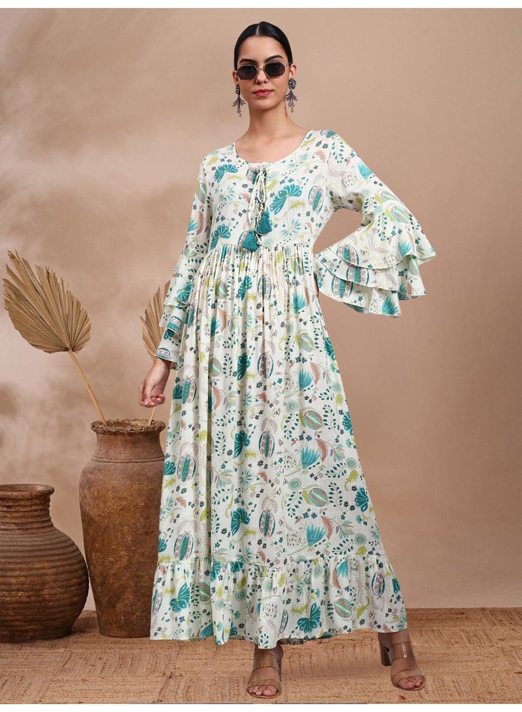 Women Floral Printed Rayon Jalabiya with Lace-Up Neckline-AL4006