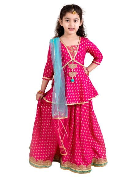 Pspeaches Girl's Magenta Blue Printed Cotton Readymade Lehenga And Choli Set (Pink-12-14Y)