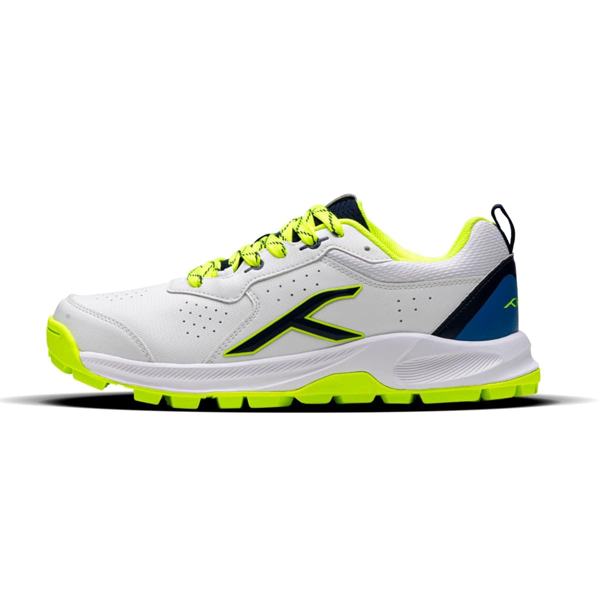 Hundred Men's Hyperdrive Cricket Shoes | Terraspike Rubber Studs | Embedded Support Plate for Stability | Lightweight & Durable | Ideal for Turf, Ground & Hard Surfaces (White/Lime/Blue ; UK 8)