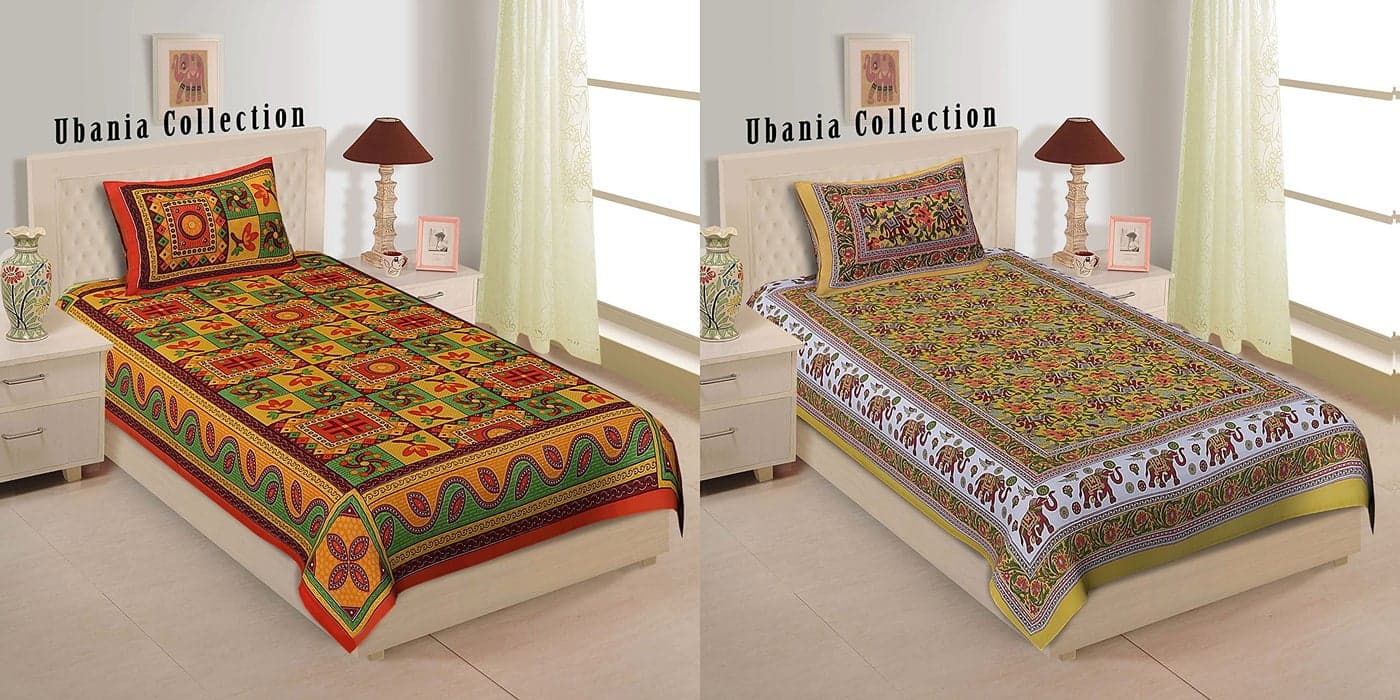 Ubania Collection Rajasthani Traditional 100% Cotton 2 Single Bedsheet with 2 Pillow Cover- Combo Pack of 2