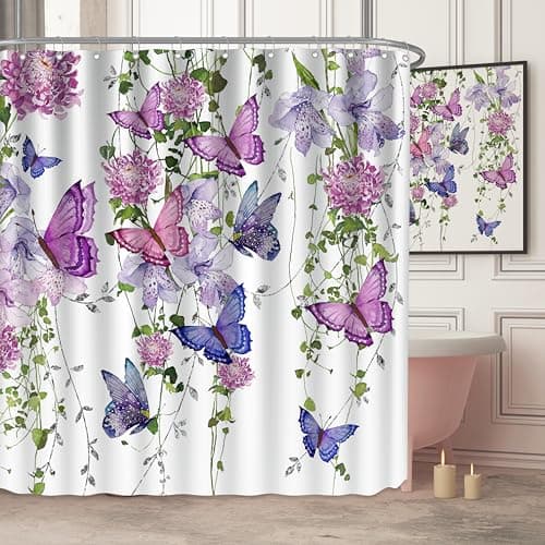 chiinvent Purple Butterfly Shower Curtains for Bathroom, Spring Butterflies Rustic Floral Shower Curtain with 12 Hooks, Machine Washable Waterproof Fabric, 72X72 Inches