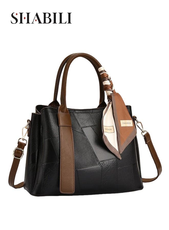Women PU Large-Capacity Multi-Pocket Patchwork Shoulder Bag Crossbody Tote Bags Satchel Handbag, Ladies Contrast Color Top Handle with Scarf for Teenager Youth Daily Casual Party Travel (Black)