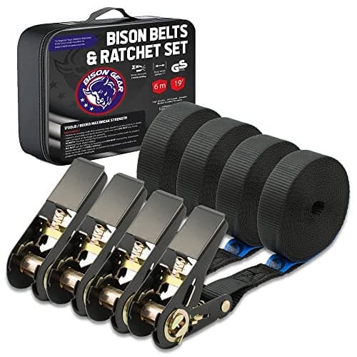 Bison Gear Endless Ratchet Tie Down Straps 19ft 6m 800kg 6m x 1in 25mm 1700lbs 800kg (4 Pack, Black) - No Hooks