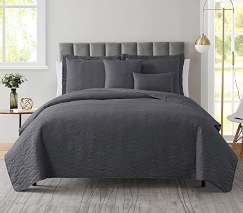 Clara Clark Quilts Queen Size - All Season Bedspread Coverlet Set, Pinsonic Weave Lightweight Bedding Set - 7 Piece Queen Quilt Set with Pillow Shams, Ellipse - Gray