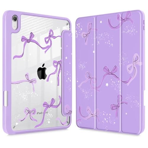 Tuiklol Clear Case for iPad mini 7 (A17 Pro 7th Generation) 2024 / iPad mini 6 (6th Generation) 2021 8.3 Inch,Built-in Pencil Holder Slim Transparent Back Shell Cover Auto Wake/Sleep, Bow-Purple