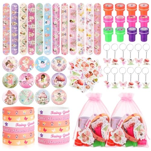 Funrous 122 Pcs Fairy Party Favors Bulk with Woodland Fairy Silicone Slap Bracelets Keychains Stickers Stampers Badges Gifts Bags for Fairytale Garden Forest Birthday Baby Shower Party Supplies