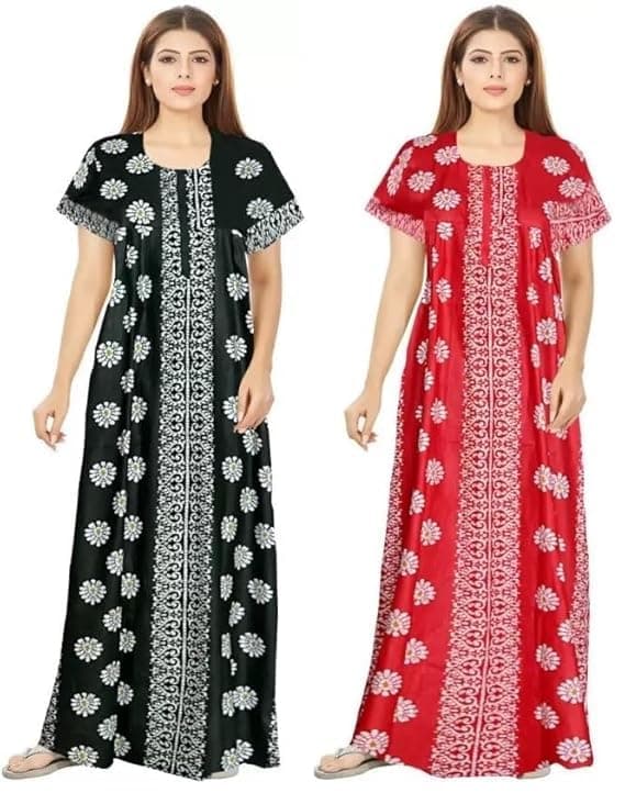 NILOUFO Women's Cotton Nighty Gown Combo – Pack of 2 Printed Maxi Nightwear, Free Size, Soft & Breathable Sleepwear for Ladies (RED&Green, Free Size)