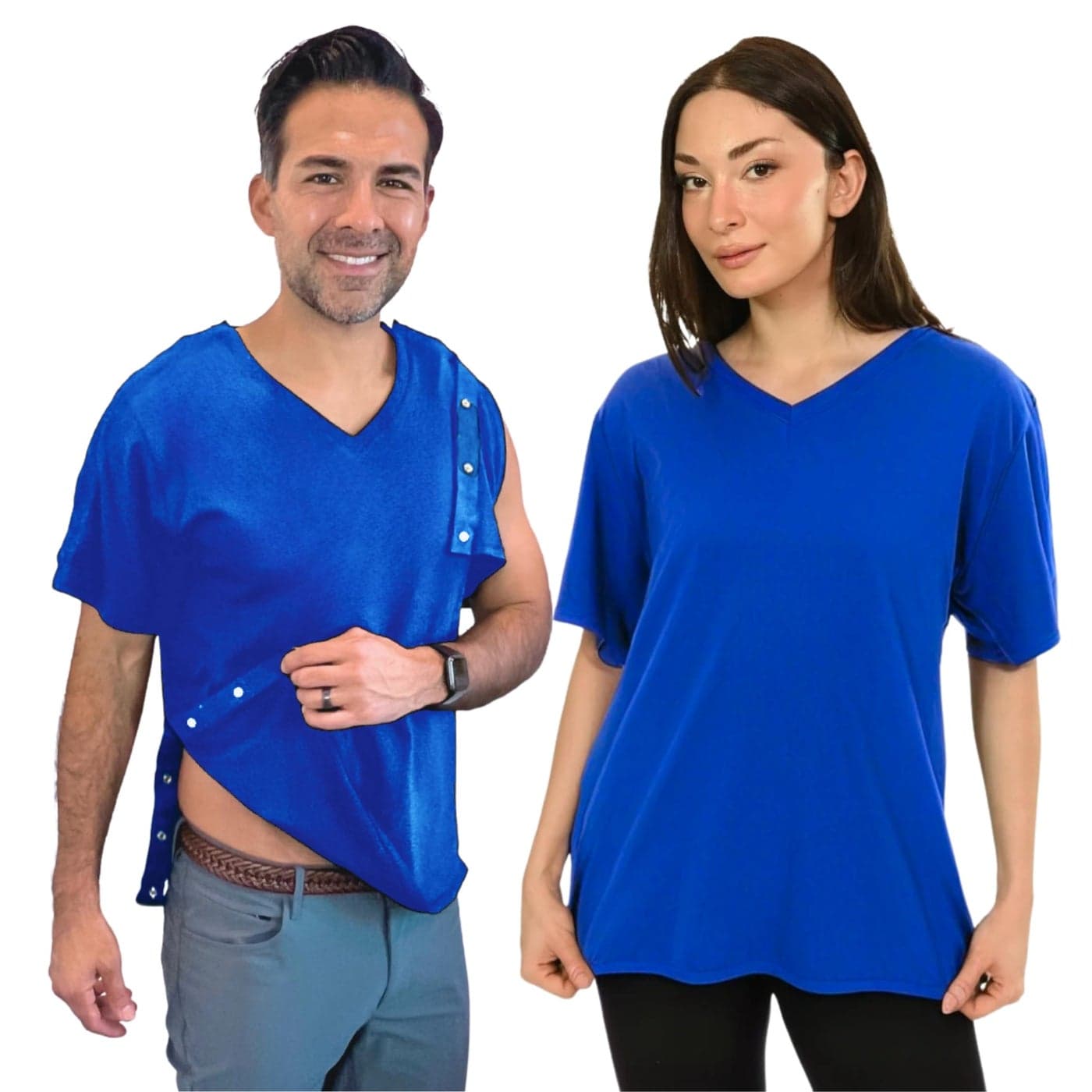 Post Surgery Shirt with Discreet Left Right Side Snap Access M Blue