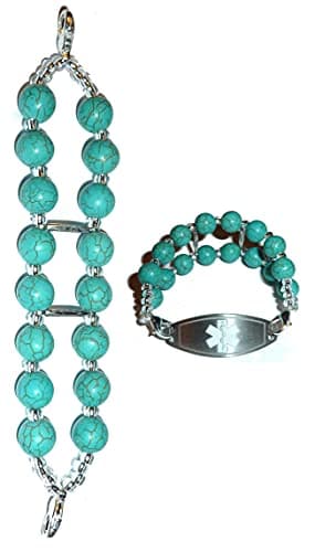 Hidden Hollow Beads Women's 6" Medical Alert ID Interchangeable Replacement Bracelet (Stretchy Turquoise Double Strand)