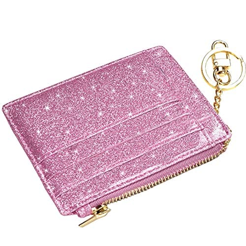 woogwin Slim RFID Credit Card Holder for Women Mini Front Pocket Wallet Purse With Keychain (Glitter Pink)