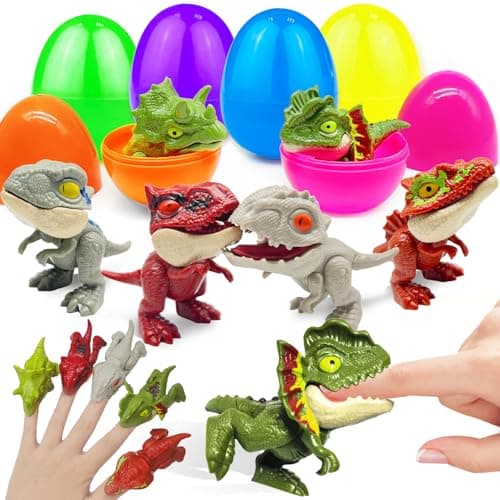 6 Pack Jumbo 35 Easter Eggs Filled with Biting Finger Dinosaurs Toys Inside Fun Finger Puppets Set for Kids Toddlers Easter Basket Stuffers Fillers Plastic Surprise Eggs Hunt Easter Party Favors