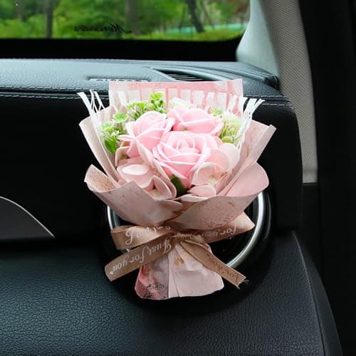 Unique Car Vent Clip Air Freshener Aesthetic Floral Soap Rose Bouquet Diffuser Decor Reusable Essential Oil Aroma Pad Cute Car Accessories Gift for Women Style I