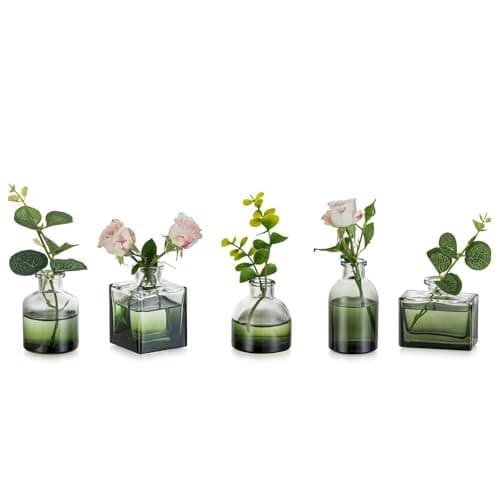 Glasseam Green Glass Bud Vase: Mini Small Vases for Centerpieces Cute Flower Vase Set of 5 Tiny Vases for Flowers Decorative Centerpiece Decor Table Wedding Party Dining Room Decoration