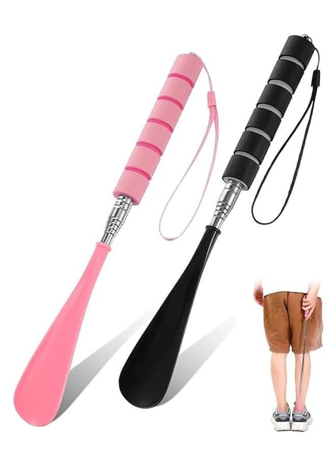 2pcs Telescopic Shoehorn Adjustable Long Handle Shoe Wearing Helper for Seniors Men Women Portable Stainless Steel Shoe Puller with Ergonomic Design for Easy Use and Travel
