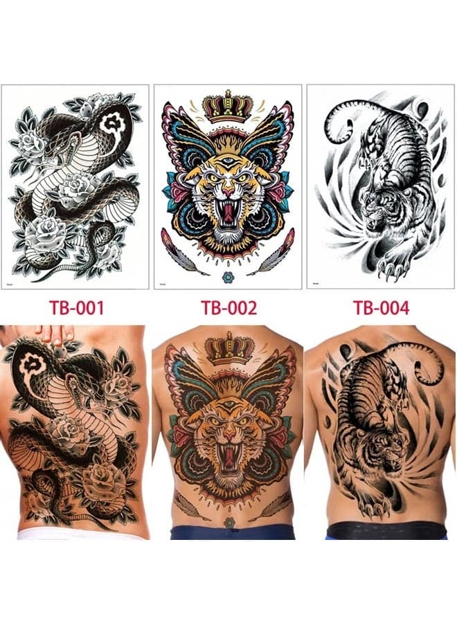 Glaryyears Super Big Full Back Covered Temporary Tattoos, 3 Pack Large Fake Realistic Tattoo Stickers for Adults Men Women, Scary Fierce Tiger Snake Serpent Design