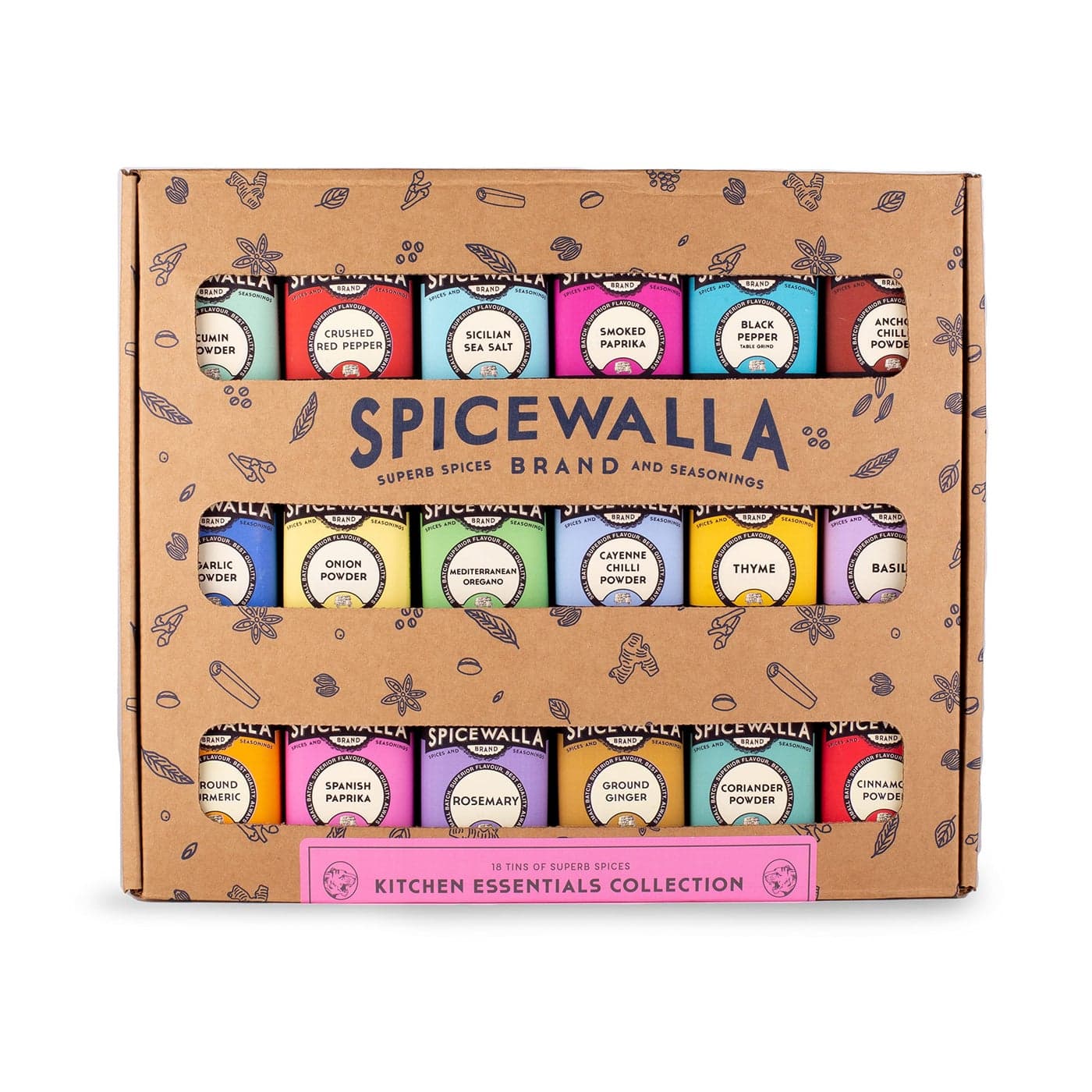 Spicewalla Essential Spices and Seasonings Set 18 Pack Variety Garlic Onion Paprika Crushed Red Pepper Oregano more Kitchen Cooking Set for Apartment and Home House Warming Gift Set