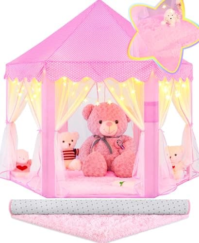 EVOIONOS Princess Tent with Lights and Rug Play Tent for Girls Kids Tent Indoor and Mat Princess Castle Playhouse Tent for Girls Pink Girls Tent for Toddlers 55 x 53 inch Toy Tent