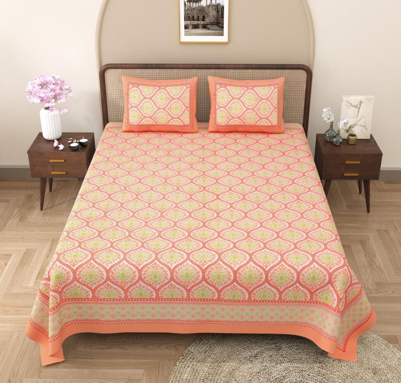RajasthaniKart Pure Cotton 180 TC King Size BEDSHEET with 2 Pillow Cover - 90X108 (Suitable for King Size Bed Sheet or Double Bed, Peach) PSP 117