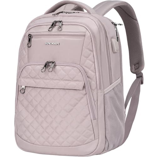 KROSER Travel Laptop Backpack 17 Inch Large Computer Backpack WaterRepellent Daypack with USB Charging Port Headphone Interface RFID Pockets for WorkBusinessCollegeMenWomen Dusty PinkQuilted