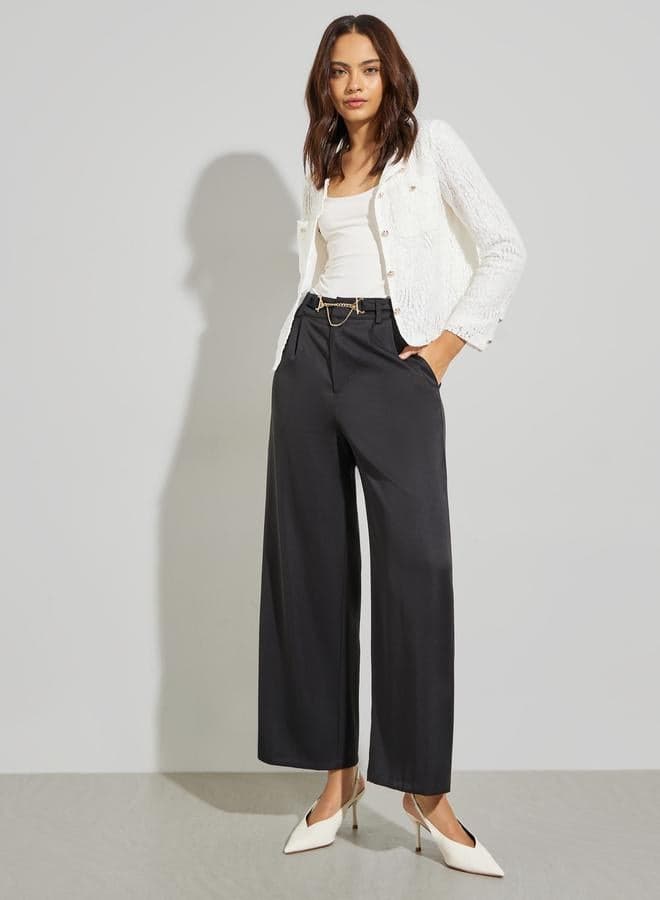 Black Wide Leg Trousers with Chain Link Detail