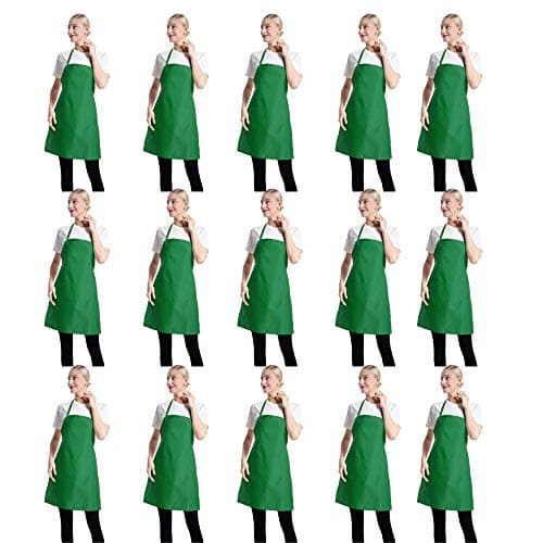 TSD STORY Total 15 PCS Green Plain Bib Aprons Bulk for Women Men-Unisex Adult Aprons with 2 Front Pockets (Leaf Green-15 pcs)