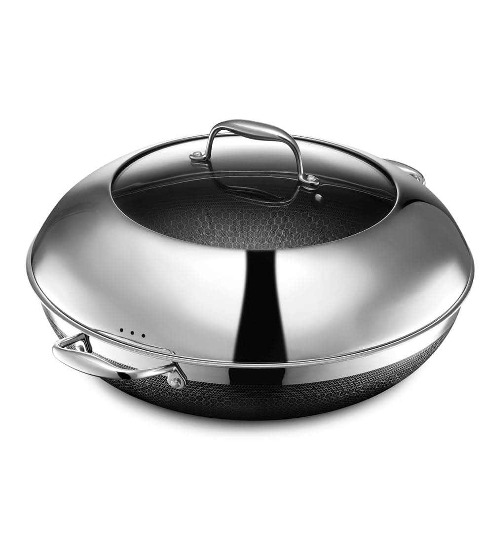 HexClad Hybrid Nonstick 14Inch Wok with Stainless Steel Lid StayCool Handles DishwasherFriendly OvenSafe Up to 900F InductionReady Compatible with All Cooktops
